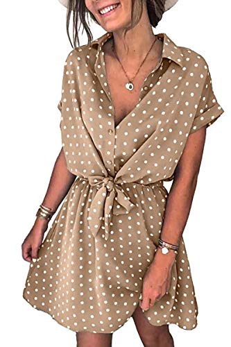 BTFBM Womens Dresses Cute Polka Dot Print Button Down Short Sleeve A-Line Elastic Waist Summer Casual Swing Dress (A Tie Waist Brown, Medium, m)