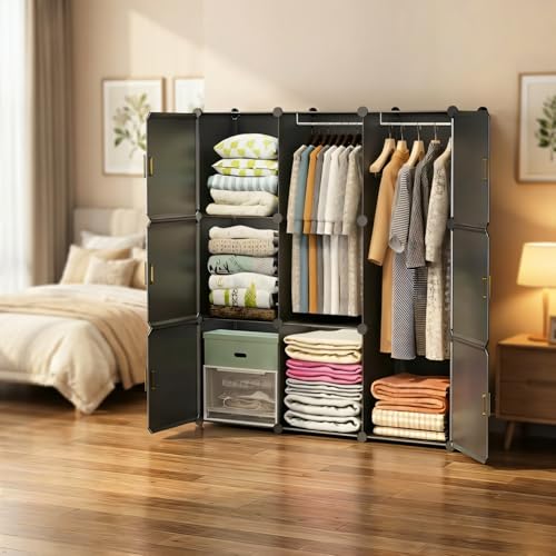 Image of Mevigo Foldable Plastic Wardrobe for Clothes - 12- Door Baby Cupboard for Clothes Storage, Wardrobe for Kids, Plastic Almirah, Collapsible Wardrobe for Kids Livingroom & Home (Grey- HM3, 9- Door)