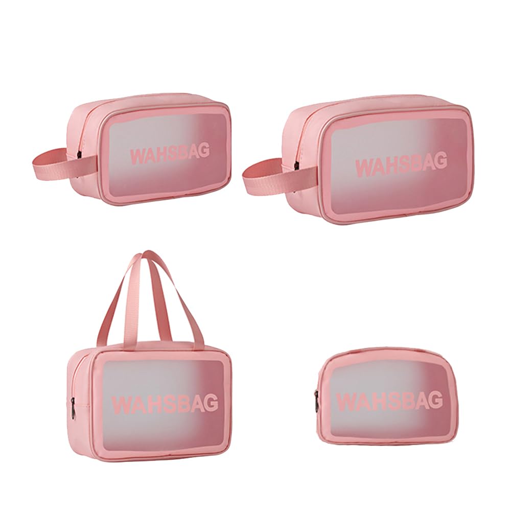 4-Piece Transparent Travel Cosmetics Bags, Portable Clear Waterproof Travel Bags for Toiletries (Pink)