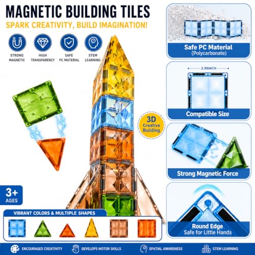 Image of Magnetic Tiles Building Set for Kids, Multicolour, 3D Construction (48) | 3D Construction