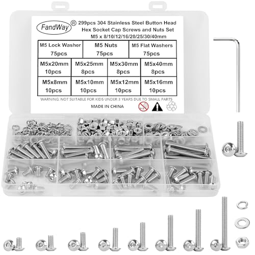 FandWay 299 Pièces Vis Boulon et écrous Rondelles M5,Vis à Six Pans Creux,Vis à Métaux Tête Bombée Hexagonale,Boulon a Tête Cylindrique en Acier Inoxydable 304,Avec 1 Clés Hexagonales.