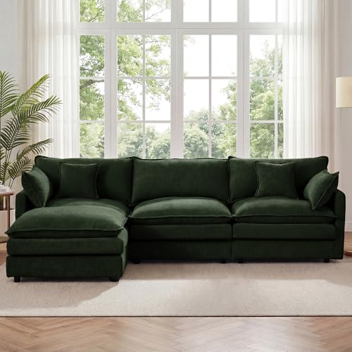 Image of 102 inch L Shaped Modular Sectional Sofa, Comfy Upholstery Chenille Cloud Couch with Ottoman, Modern 4-Seat Deep Seat Sofa with Pillow for Living Room, Bedroom, Apartment (Green)