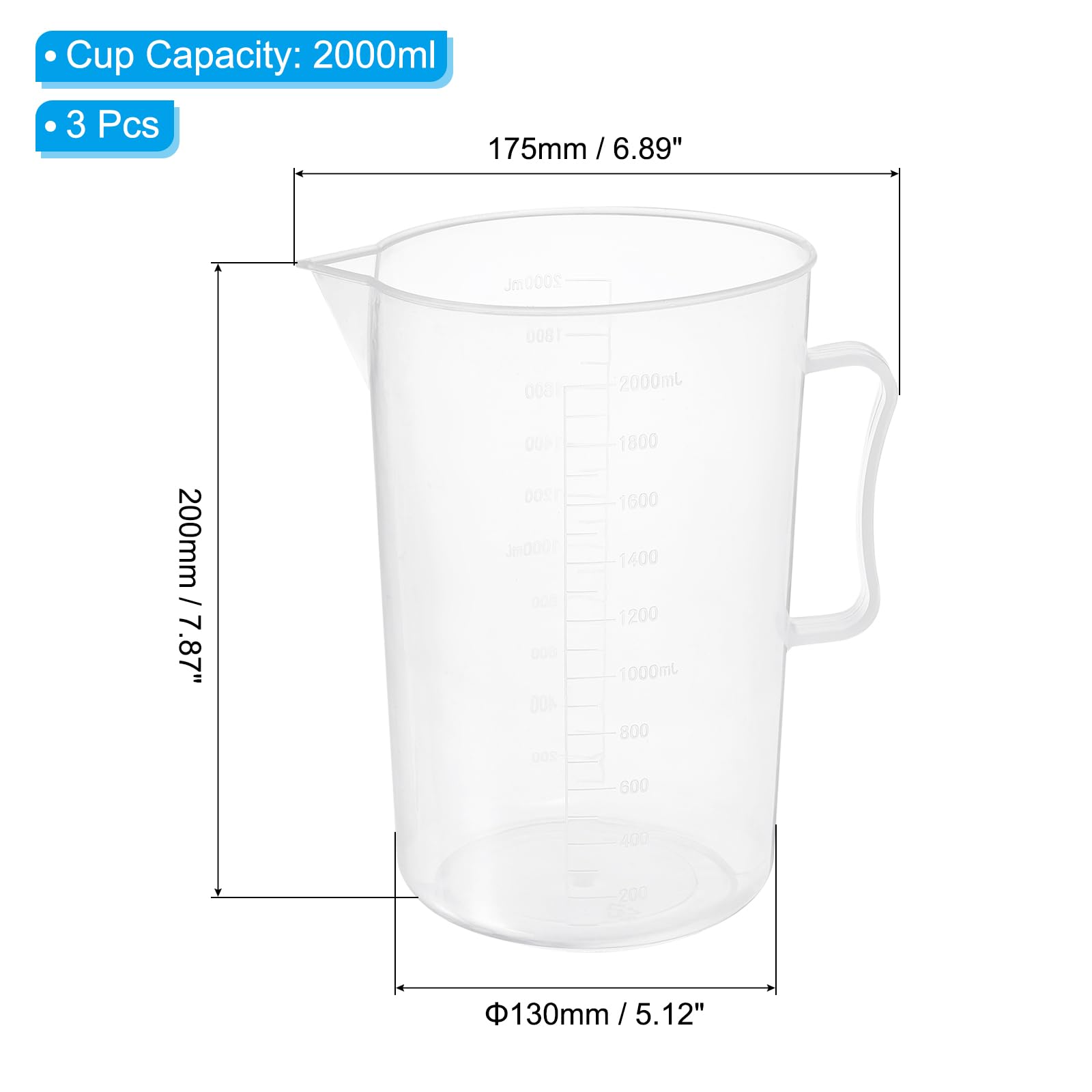 PATIKIL 3Pcs 2000ml Tasses À Mesure Pour Expériences De Laboratoire