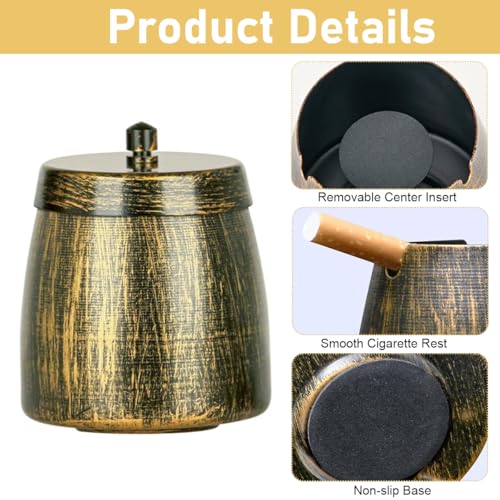Image of HASTHIP Ashtray for Cigarette with Lid, Vintage Windproof Metal Ash Tray for Car, Office, Living Room, Outdoor, Indoor, Fancy Gift for Smokers