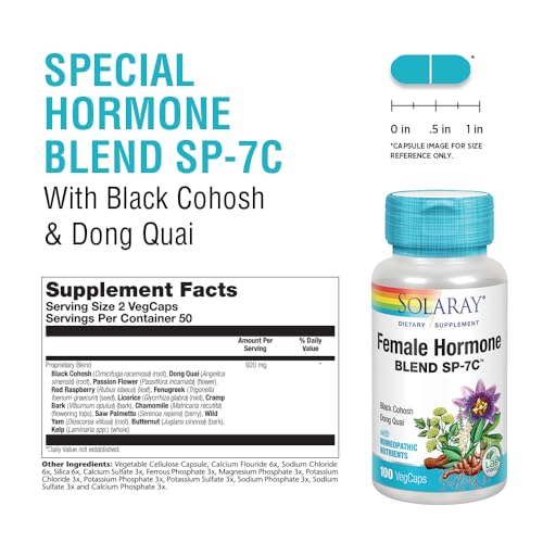 SOLARAY Female Hormone Blend SP-7C | W/Black Cohosh, Dong Quai, Passion Flower, Wild Yam & More | 100 VegCaps, 50 Serv. - Image 4