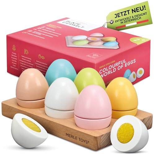 Merle Toys® Holz Eier Spielzeug für Kinder ab 2 Jahren – 6 bunte Eier für Kaufladen, Holzeier Kinderküche Zubehör Holz, Klett in Dotter-Farbe, realistische Größe L, fördert Feinmotorik und Rollenspiel Merle Toys® Holz Eier Spielzeug für Kinder ab 2 Jahren – 6 bunte Eier für Kaufladen, Holzeier Kinderküche Zubehör Holz, Klett in Dotter-Farbe, realistische Größe L, fördert Feinmotorik und Rollenspiel