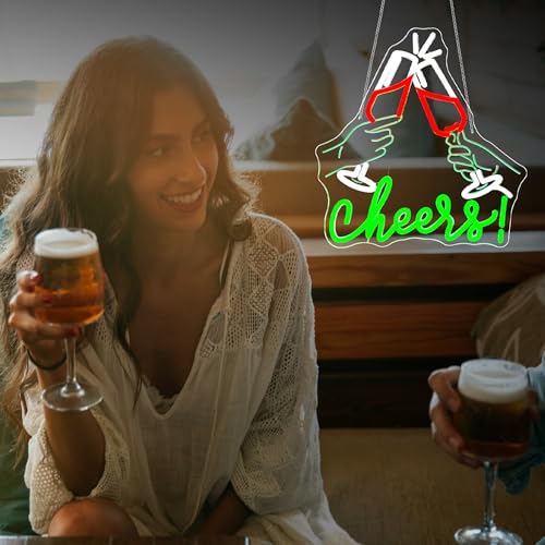 Image of Cheers Neon Sign, JGHTURIE Neon Signs for Wall Decor Green Light up Sign Bar Club Signs for Man Cave Decor USB Powered