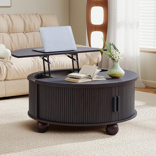 Image of Round Lift Top Coffee Table with Storage, Fluted Circle Coffee Table,Black