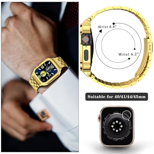 SUPLINK Stainless Steel Case with Band Compatible with Apple Watch Straps Series SE 9 8 7 6 5 4 3 2 1 38mm 40mm 41mm Metal Rugged Protector Cover for iWatch Men (Gold) - Image 3