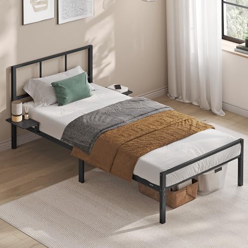 VASAGLE Einzelbettgestell, Bett, passend für 90 x 200 cm Matratze, Metallbett, Bettrahmen, mit Kopfteil, modern, mit Aufbewahrungsregalen,...