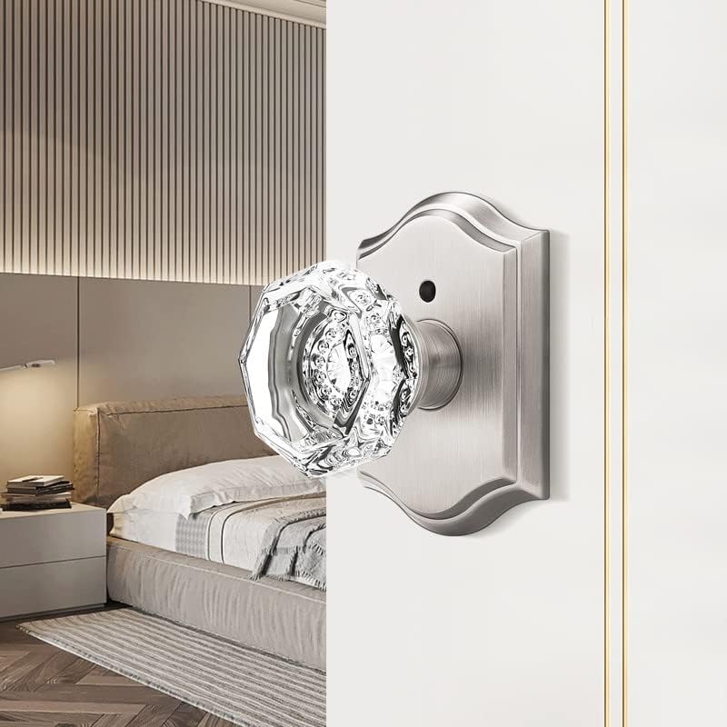 Orger Octagonal Crystal Door Knobs 3 Pack, Interior Privacy Door Handle for Bed/Bathroom with Pin Lock Inside, Satin Nickel Vintage Rosette Door Knob with Heavy Duty Genuine Glass