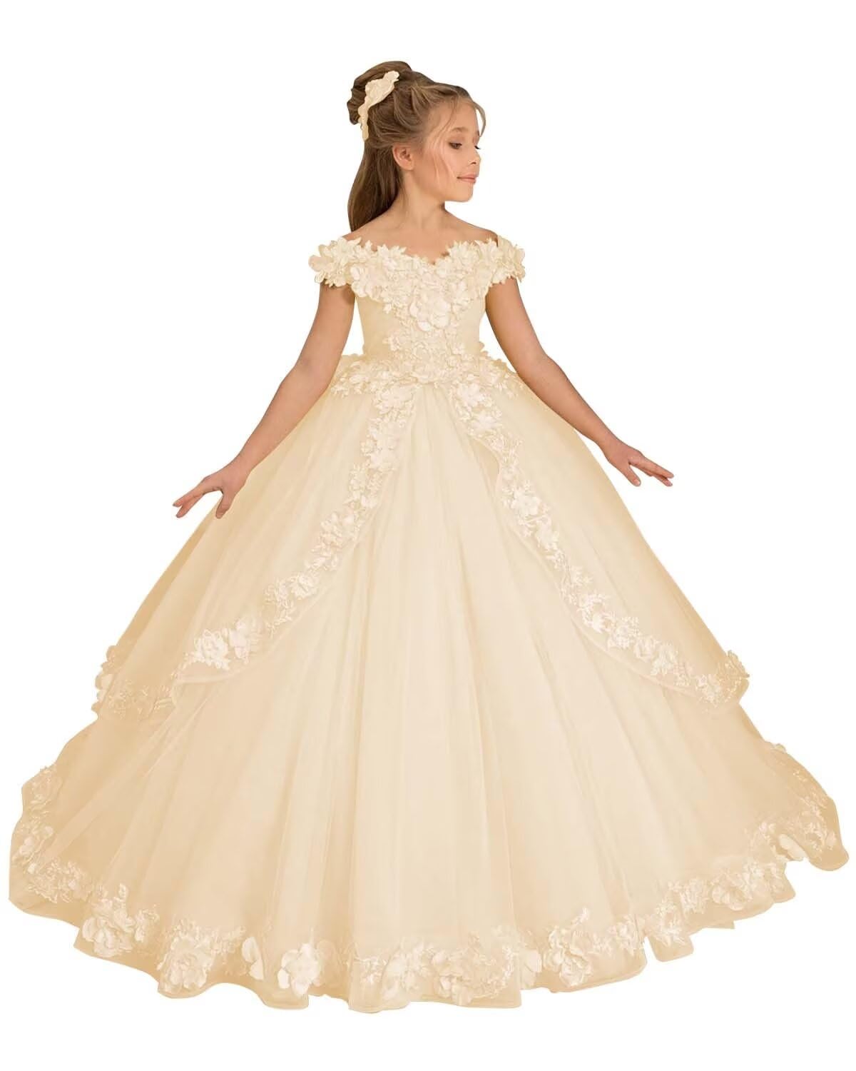 FYNony Off Shoulder Flower Girl Dresses for Wedding Tulle Pageant Dresses for Girls First Communion Dress