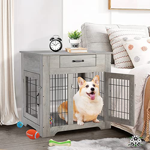 Idealhouse Furniture Dog Crates 31.1'' Wood Look Dog Kennel End Table With Drawer, Dog House Indoor Use, Chew-Proof, Casual Home Wooden Pet Crate, Indoor Pet Crate Side Table, Grey #TOP1