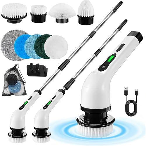Image of Electric Spin Scrubber, Cordless Cleaning Brush Waterproof with 9 Replaceable Brush Heads, 1.5H Power Dual Speed, 2024 New Shower Scrubber with Extension Handle for Bathroom Tub Tile Floor Car