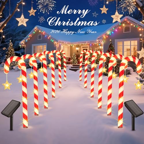 BOMIER Solar Christmas Lights Outdoor Waterproof: 24-Pack Solar Candy Cane Christmas Decorations Outdoor Pathway Lights with Stakes 10 Modes 144 LED Xmas Decorations for Yard Garden Holiday Decor