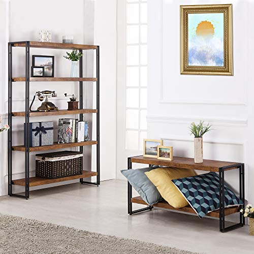 FIVEGIVEN 2 Shelf Bookcase Small Display Book Shelf Rustic Industrial, Brown