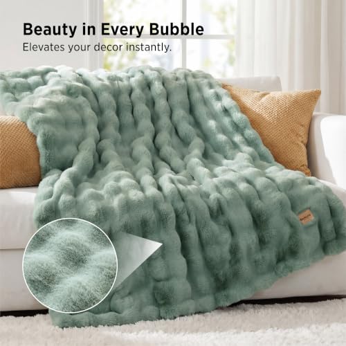 Image of Bedsure Fluffy Bubble Faux Fur Throw XL Blanket, 50 inchx70 inch, Sage Green