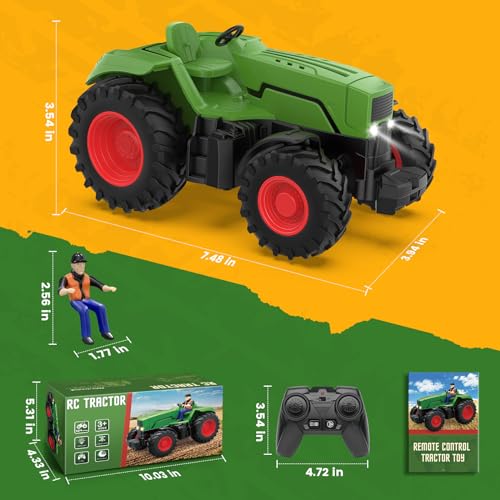 Uarzt Remote Control Tractor Toys for Kids 3-5, RC Tractor Toy with Farmer & Light,1:24 Scale, Rechargeable Farm Toy Tractor for Toddler Toy Set Birthday Gifts for 3 4 5 Year Old Kids Boys Girls