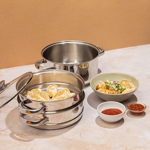 Vinod Stainless Steel 3 Tier Steamer Pot 20 cm | Sturdy Handle and Vented Glass Lid | Induction and Gas Compatible | 2.5 mm Thick Base | Multipurpose Steamer Cooking Vegetable, Momos, Dumplings - Image 5