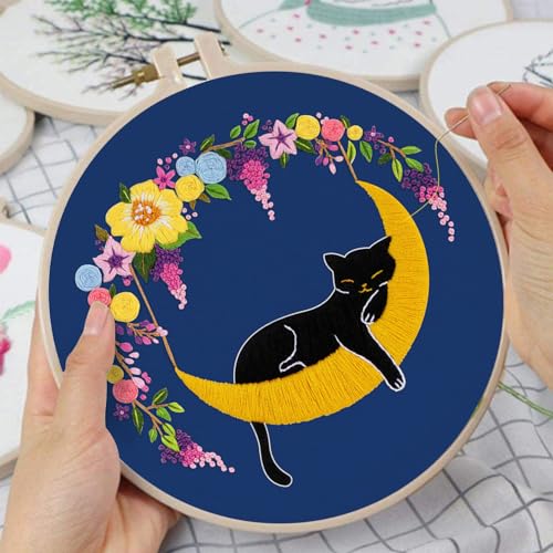 Image of Louise Maelys 3 Sets Cat Moon Embroidery Kits for Beginners with Floral Pattern, Cross Stitch Kit for Adults, DIY Needlepoint for Starter