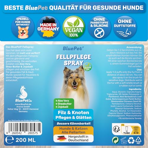BluePet 200 ml Entfilzungsspray für Hunde & Katzen I Löst Verfilzungen & Verbessert Kämmbarkeit, Anti Filz Spray als Fellspray für Fellpflege, Glätten & Pflegen mit Aloe Vera, Shea-Butter & Jojobaöl