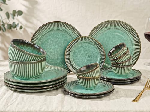 Image of Bodhi House Premium 20-Piece Stoneware Dinner Set Serving for 6 - Handcrafted Ceramic Plates, Bowls & Serving Bowls | Microwave & Dishwasher Safe | Elegant Modern Tableware Crockery Turquoise Green