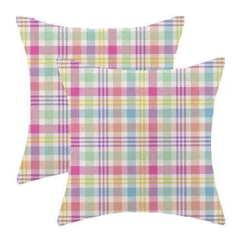 AEIOAE Easter Plaid Pillow Covers 18x18 Inch Set of 2, Spring Colorful Buffalo Plaid Throw Pillows Farmhouse Linen Holiday Pillow Case for Sofa Bedroom Living Room Indoor Outdoor