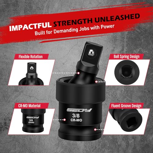 Image of Impact Universal Joint-Socket Swivel Set: 3-Piece 1 /2 inch, 3 /8 inch, 1 /4 inch Flexible Socket Swivel Set Premium CR-MO Steel U Joint Adapter Wobble