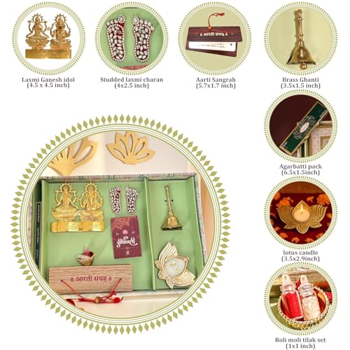 Image of Art Street Pooja Gift with Laxmi Ganesh Idol, Laxmi Charan, Aarti Sangrah, Ghanti, Candle and Agarbatti for Celebration and Gift for Family, Friends and Relatives (Pack of 7)