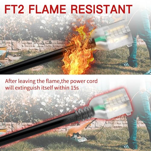 Image of 6 FT 14 /3 Extension Cord Outdoor, Heavy Duty Weatherproof & Flame Retardant Black 3 Prong Power Cord with Light, Outside for Lawn & Garden, 15 Amps 1875 Watts 125 VAC 14AWG SJTW, ETL Listed