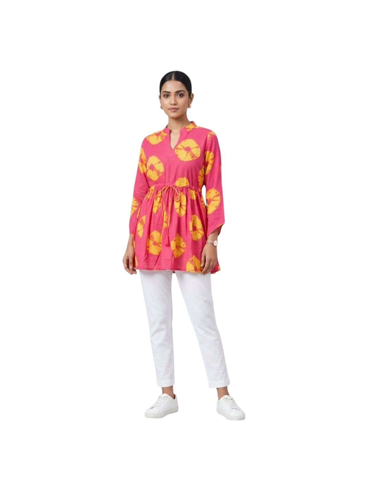 Women's Pink Shibori Tie-Dye Tunic, Drawstring Waist, Mandarin Collar-picture-10
