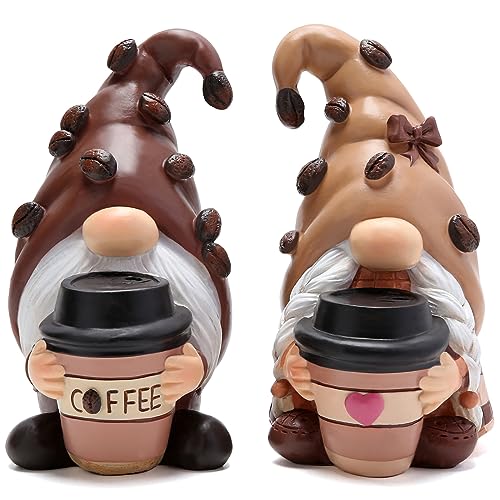 Hodao Coffee Gnome Figurines - Hand-Painted Resin Indoor Decor Set of 2 Cute Cafe Bar Decorations Perfect Shelves Tiered Trays Ornaments Ideal Gift for Coffee Lovers and Housewarming