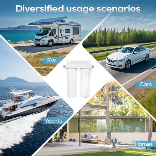 Image of External RV Dual Water Filter System Includes Mounting Bracket and Two Filters, Two 3 /4 inch GHT Brass Fittings For RVs, Yachts, Homes, Boats For Reducing Sediment, Rust, Scale Particles and Chlorine Odor