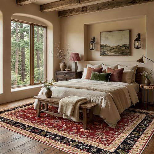 Image of LIANLAM Washable Area Rug with Vintage Style for for Living Room(8x10,Red) | Low-pile stain-resistant rug, OEKO-TEX certified, non-slip backing, fully machine washable for family use for Bedroom