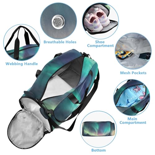 Aurora Borealis Pattern Duffle Bag for Girl, Sports Duffle Gym Bags with Shoe Compartment, Personalized Overnight Bag Travel Weekender for Kids3