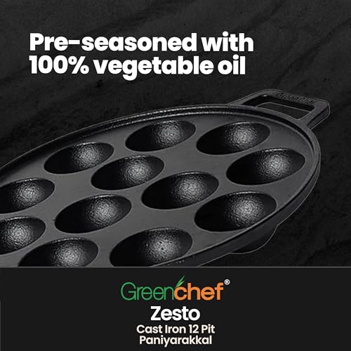 Image of GREENCHEF Pre-Seasoned Cast Iron Zesto Paniyarkkal 12 Pits 20 cm with Nonstick Coating