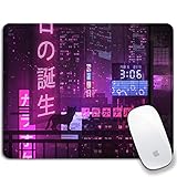 olciunix Purple Anime Mouse Pad with Stitched Edges Japanese City Punk Style Design Computer Laptop Gaming Mousepad Non-Slip Washable Rubber Mouse Mat 12 x 10 inch