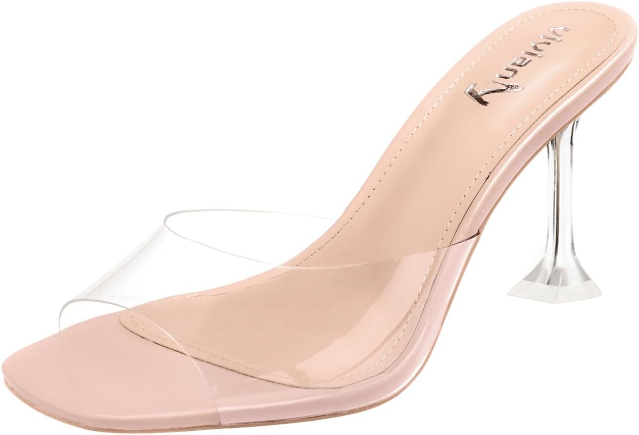 vivianly Womens Clear Heels Sandals Transparent Stiletto Heel Slippers Backless Peep Toe Slip on Heeled Mules