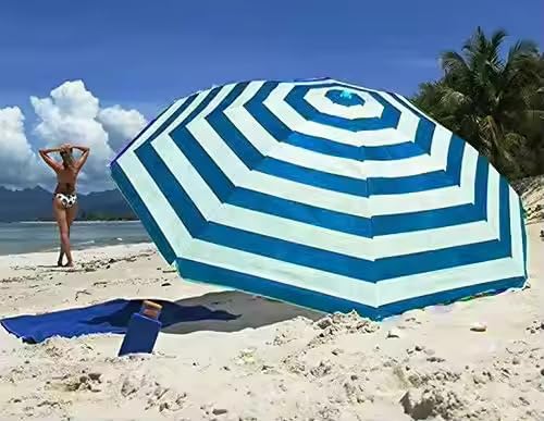 Peng Essentials SunSplash Beach Parasol | UV-Resistant Canopy, Tilt Adjustable, Lightweight & Foldable Sun Umbrella for Outdoor, Garden & Beach Use (Blue & White)