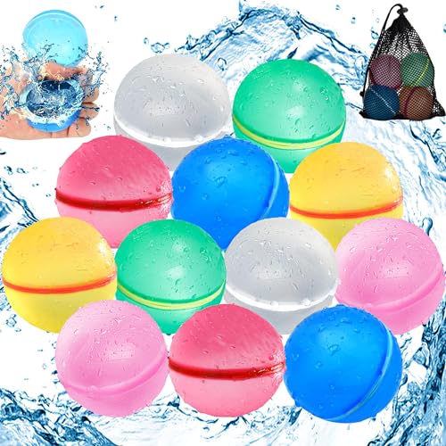 Chennyfun 12 PCS Reusable Water Balloons, Silicone Water Splash Ball with Storage Mesh Bag, Self Sealing Quick Fill, Summer Party, Outdoor Garden Toys, Outside Games Summer Fun Party for Kids Adults