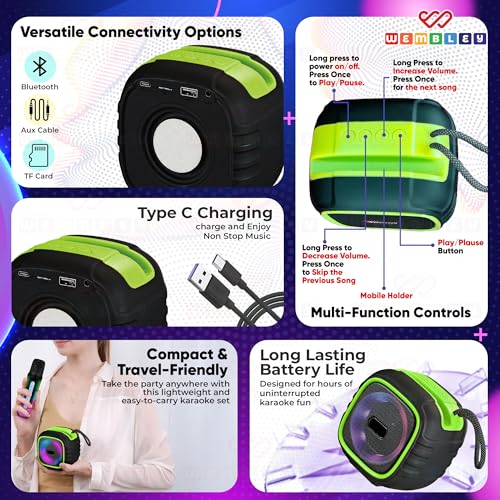 Image of Wembley Karaoke Machine with 2 Wireless Microphone for Adults & Kids | Portable Bluetooth Speaker with RGB LED Lights, HD Sound, 5 Voice Modes & 5W Output | Party Speaker with Wireless Mic