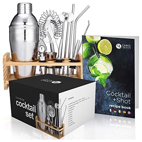 Oak & Steel - Premium Cocktail Shaker Making Kit with Wooden Stand & Recipe Book - Gift Set for Wedding Anniversary Birthday Home and Bar Party Cover