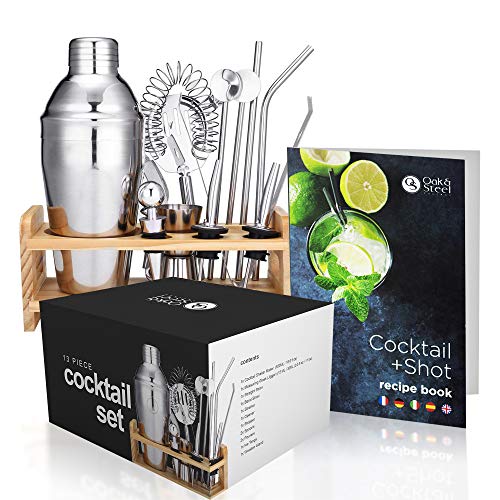 Oak & Steel - kit da Cocktail Completo/ Set di 13 Shaker per Cocktail con Supporto in Legno e Ricettario