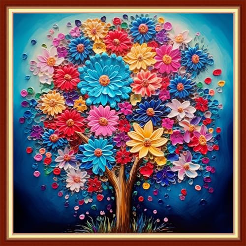 Image of Disxvivy Cross Stitch Stamped Full Embroidery Kits DIY 11CT Cotton Thread Printed DIY Needlepoint Kits Craft Needlework Set Cross-Stitch Stamped Sets-Colorful Tree 18x18 inch