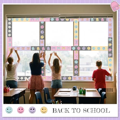 Image of 60 Pcs 69 ft Pastel Composition Bulletin Board Border | Pastel Border Trim Cute Bow Smile Faces Flower Grid Straight Borders for Back to School Classroom Chalkboard Wall Decor