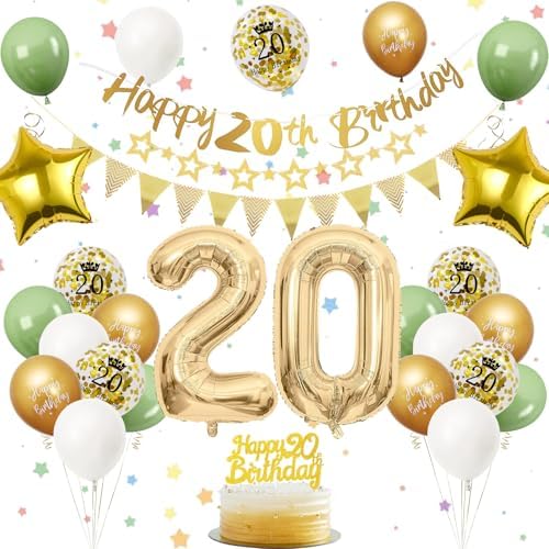 20. Geburtstag Deko Salbeigrüne, Luftballon Deko 20. Geburtstag Frauen Männer, Geburtstagsdeko 20 Jahr, Grün Weiß Gold Luftballons 20 Geburtstags mit Banner Tortendeko für Geburtst