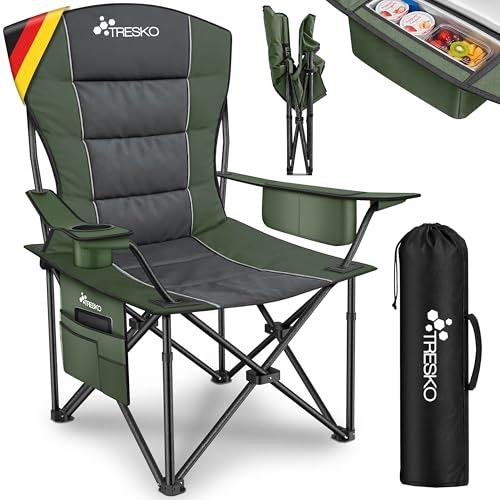 TRESKO® Campingstuhl Faltbar bis 200kg | Faltstuhl mit Kühltasche, Getränkehalter & Seitentasche | Klappstuhl XXL inkl. Tragetasche | Angelstuhl gepolstert für Outdoor, Angeln, Festival & Garten