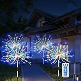 Dalugo イルミネーションライト ソーラー LED ストリングライト 屋外 防水 ガーデンライト 花火型 4輪 640LED USB充電可能 大容量ソーラーパネル 電量表示付き 8点灯モード 夜間自動点灯 イルミネーション リモコン付き 庭ライト キャップ 玄関前 公園 花壇 電飾LED クリスマス ハロウィン 飾りライト（マルチカラー）