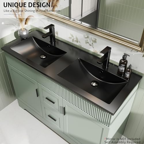 Image of eclife 48 inch Bathroom Vanities Sink Combo with Painted Surface, Modern Drawered Cabinet W /Decorative Wave Lines, Undermount Double Black Sink, Matte Black Faucet Drain, Gray Green