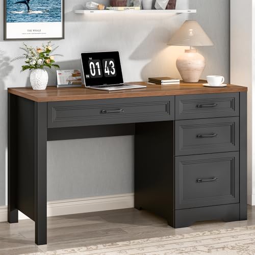 Image of Vabches Farmhouse Executive Desk with Storage and Ample File Drawer, Rustic Large Home Writing Desk for Bedroom, Dark Brown